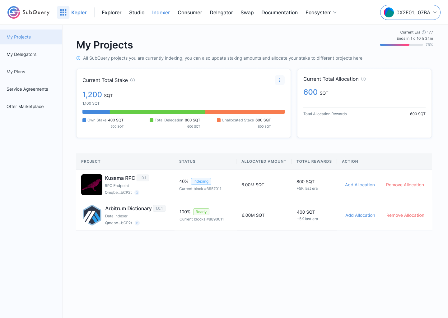 indexer stake manage screen
